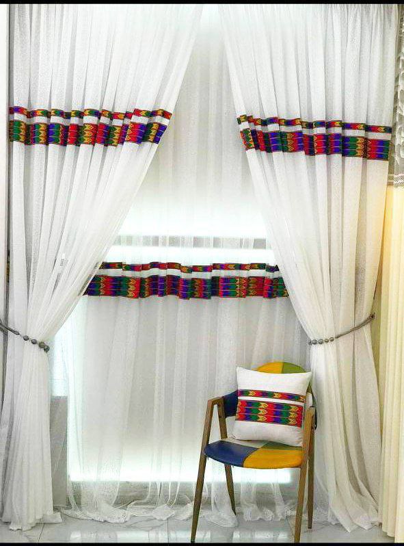 Ethiopian Traditional Curtain With 6 Sofa Pillow Cases Included                                          FREE SHIPPING